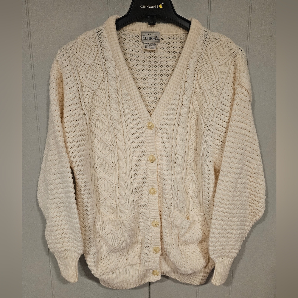 Basic Editions Knit Cardigan Size Large Heavy Cable Knit Creme Color Acrylic